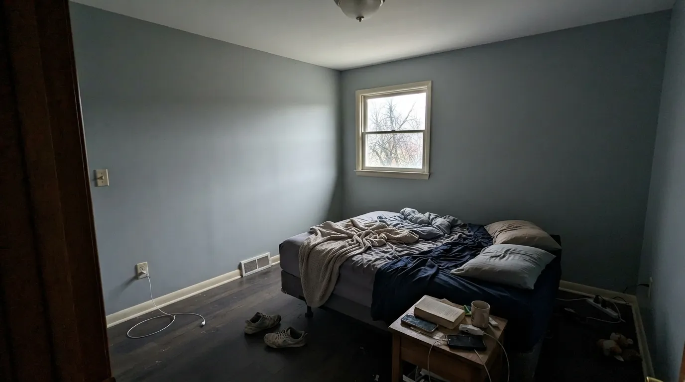 The honest shot: cool north light exposes the blue under Pewter Mug — the icy, dentist-office gray people get when they expected Repose.
