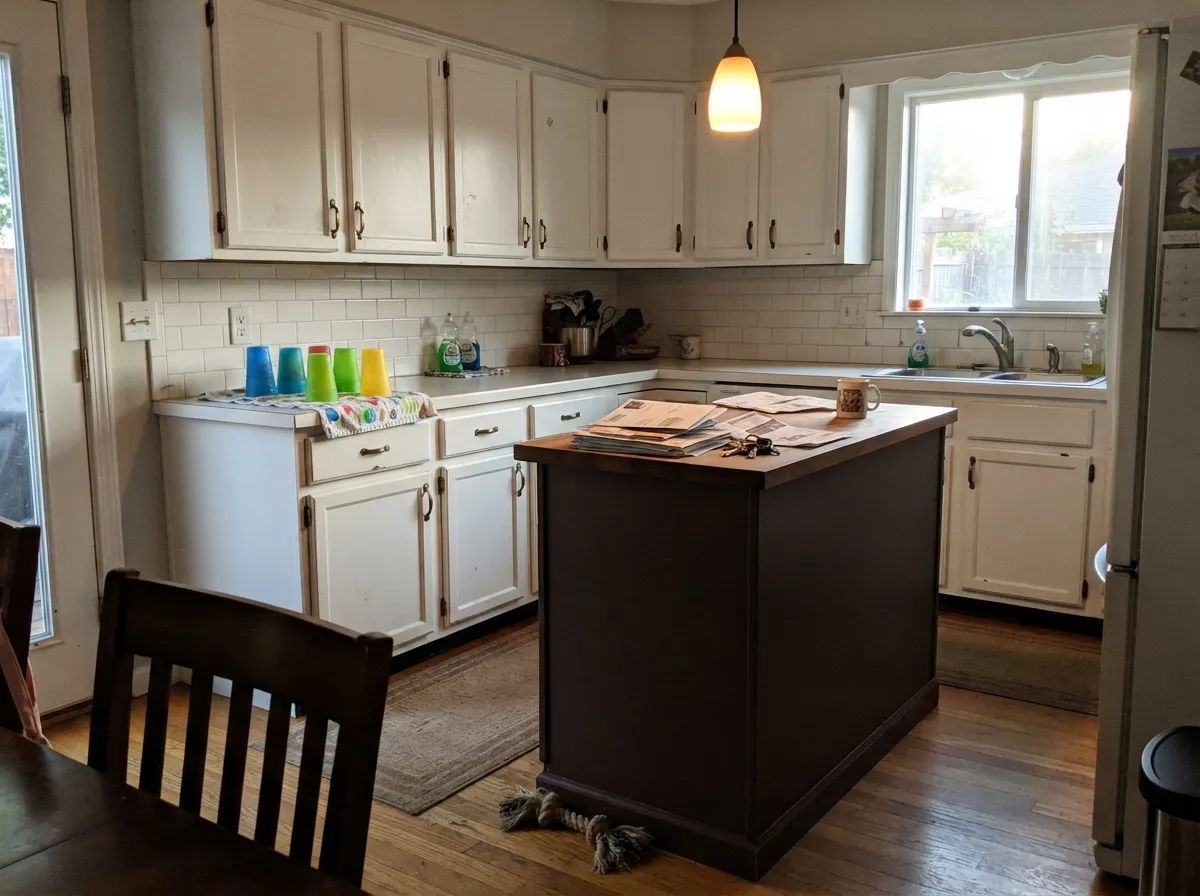 Under warm pendant light the island reads rich espresso-brown against the white cabinets, not flat black.