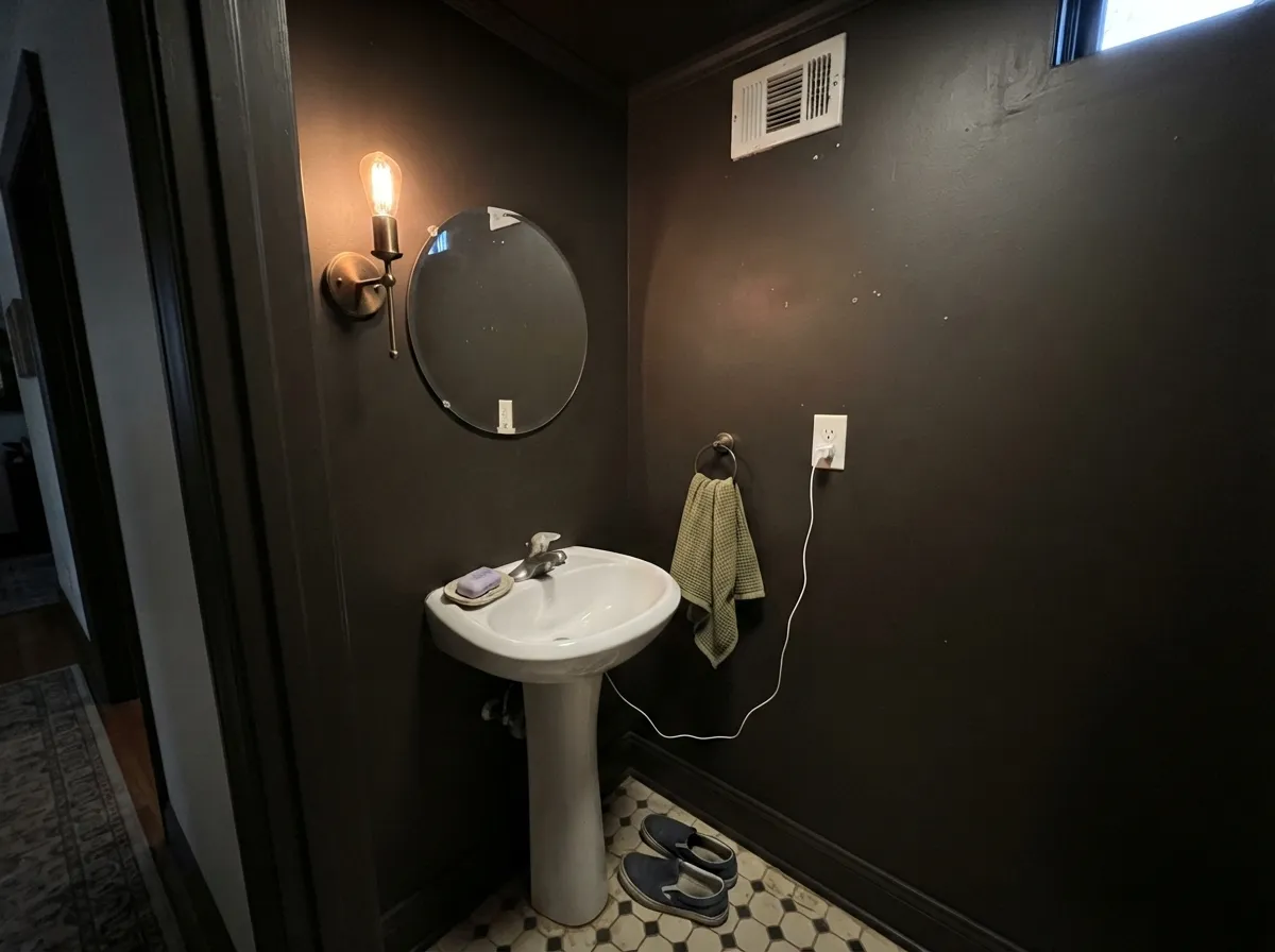 Fully drenched and lit by one warm sconce, the small room feels like a jewel box, not a cave.