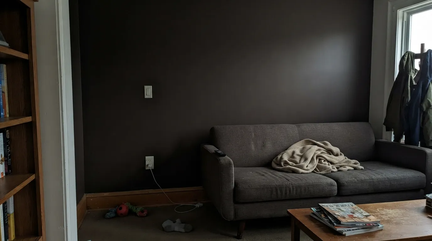 The honest shot: no direct light, no warm bulb — the brown disappears and the wall reads like a hole in the room. This is what happens when Pinecone Path lands in the wrong light.