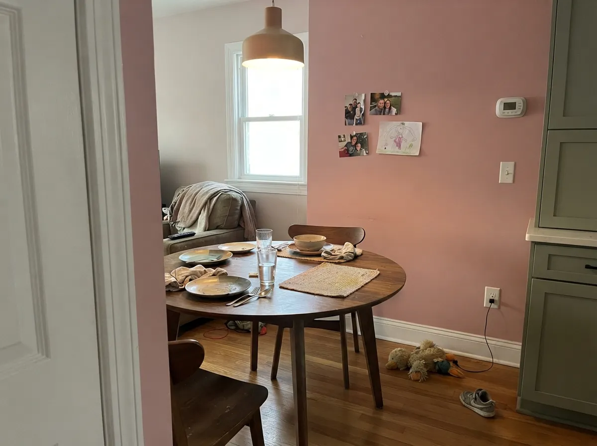 Dusty rose and grayed sage, the pairing that skips the wallpaper — warm wood keeps both colors grounded.