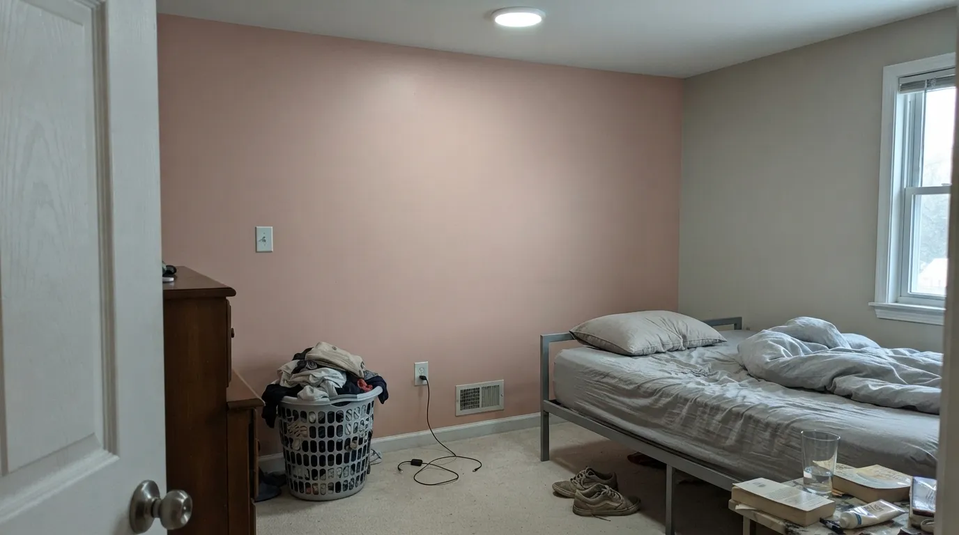 The honest shot: cool white light with no lamps on, and the rose drains out to plain dusty beige — the exact situation behind the "it just looks beige" complaints.