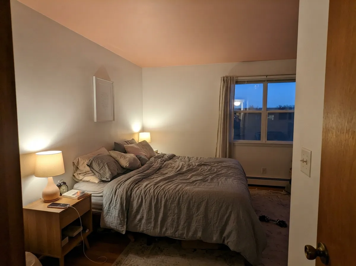 The designer move: Pink Sea Salt overhead only, white walls and trim. One plane of color reads deliberate, not sugary.