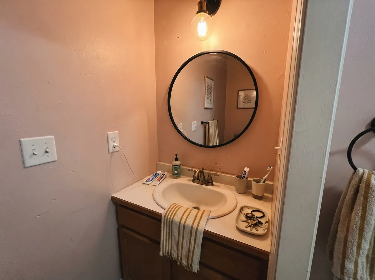 In a small, mostly artificial-light room, the black mirror frame keeps the blush wall reading intentional rather than accidental.
