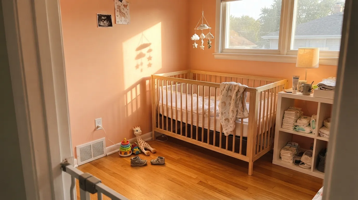 The honest shot: direct afternoon sun over honey oak wakes up the warm base underneath the gray — this is the light where Pink Sea Salt stops looking like pink.
