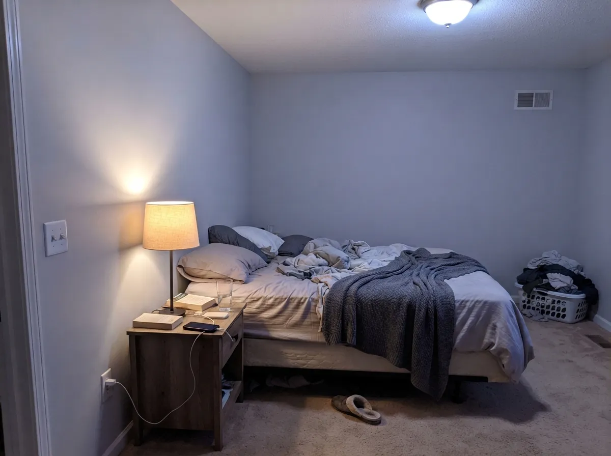 Under a warm lamp at night the cool base stays soft and quiet instead of going cold — the reason to keep the bulbs at 2700K.