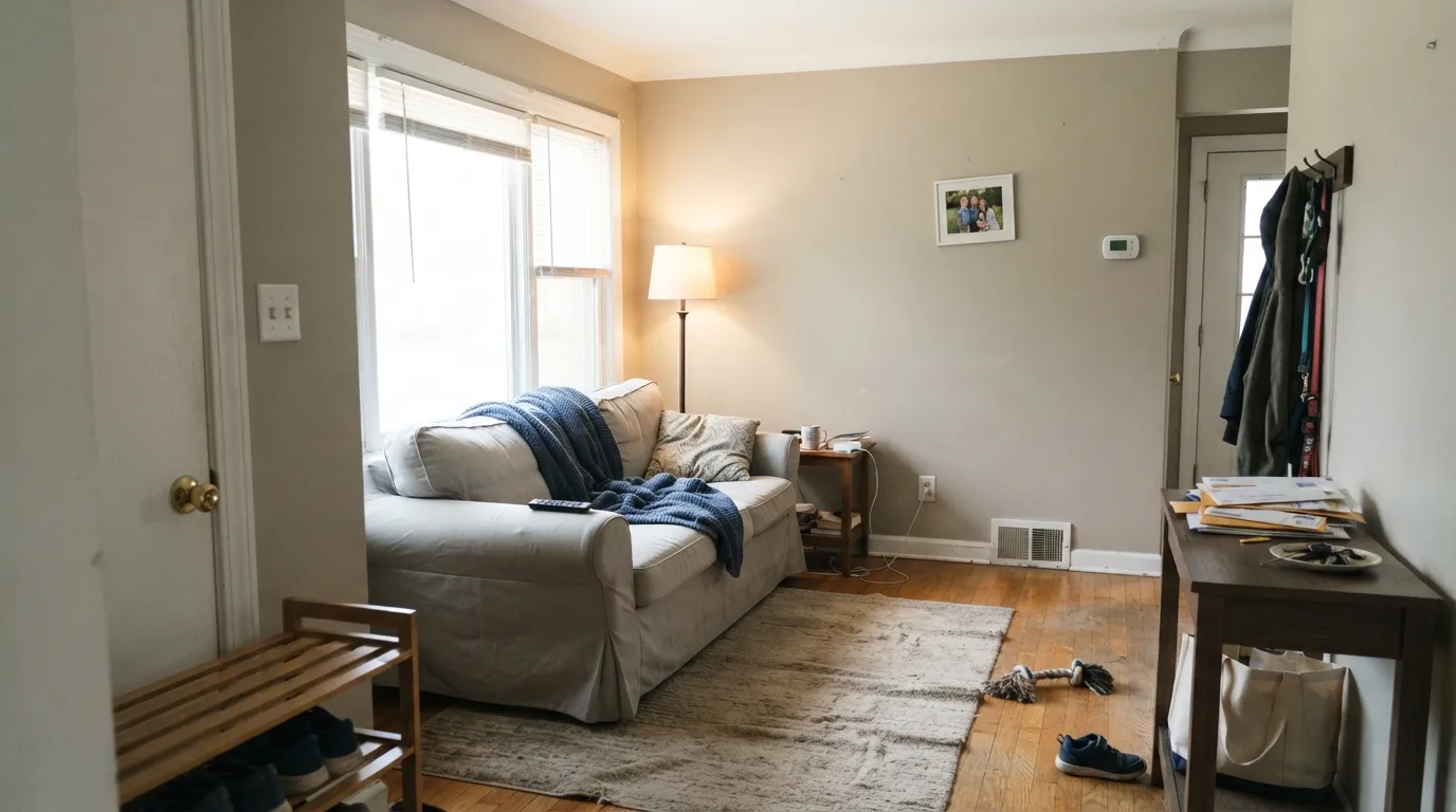 Polar Bear trim and ceiling under a warm greige wall, real afternoon sun — bright and clean without fighting the wall color.