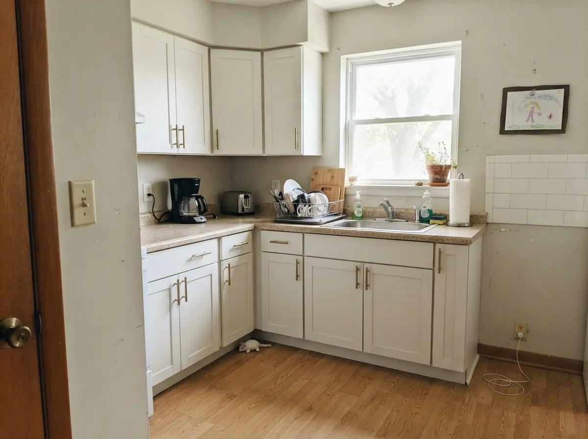 Polar Bear on cabinets — the most popular use of the color, bright and clean over a budget kitchen remodel.