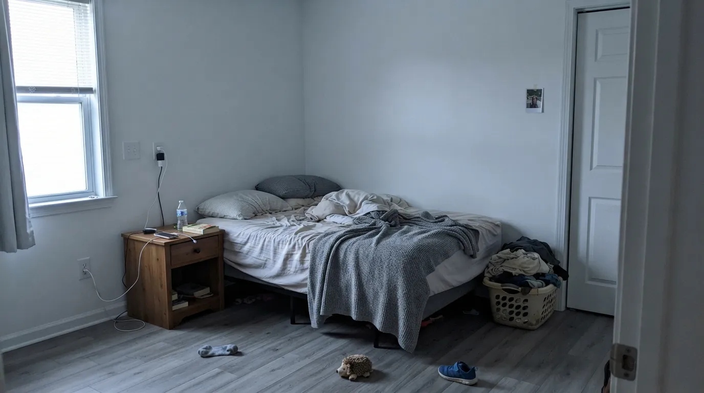 The honest shot: dim north light and grey flooring pull out the cool side — the blue-grey cast readers describe, and the opposite of the warm White Dove look some buyers expected.