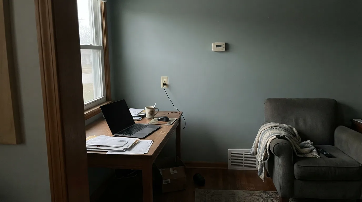 The honest shot: without daylight or a warm lamp, Provence Blue drains to a dull, muddy gray-green — the exact room this color can't save.