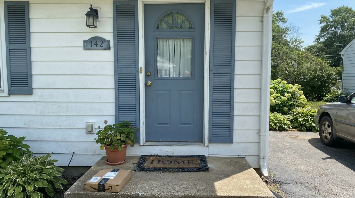 Provence on a front door in full sun — the color it was built for, holding its blue instead of washing out.