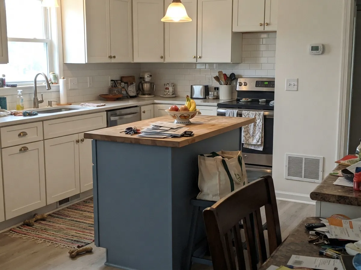 One island in Provence against warm white perimeter cabinets — enough color to notice, not enough to commit the whole kitchen.