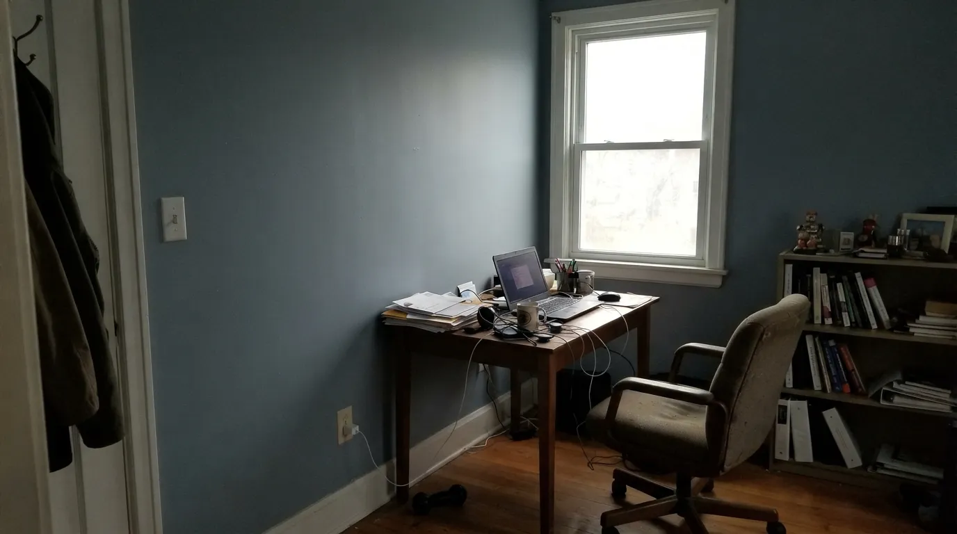 The honest shot: in a small, dim north room with no lamps, the blue disappears and the wall goes flat and heavy — the exact room to avoid without adding light.