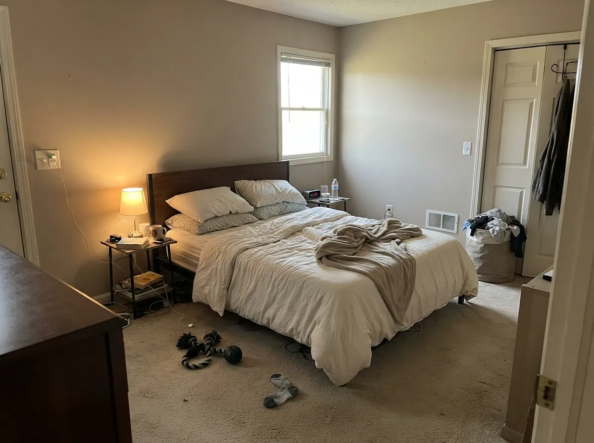 In a morning-lit bedroom the mid-tone stays restful — warm mushroom tan, not a pale Instagram wash.