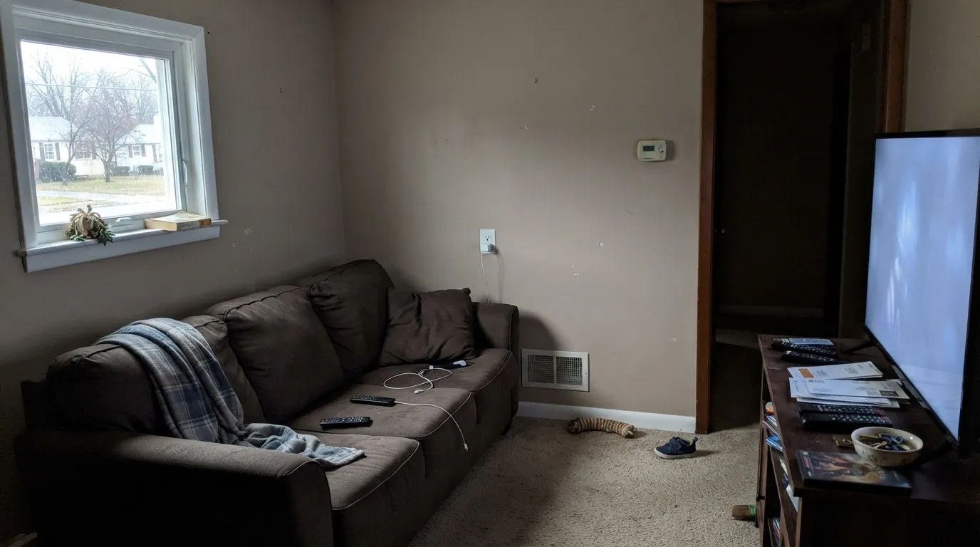 The honest shot: in a dim north room with no lamps, the tan drains out and Pure Earth goes gray-green — the exact enclosed, cooler-undertone situation north light produces.