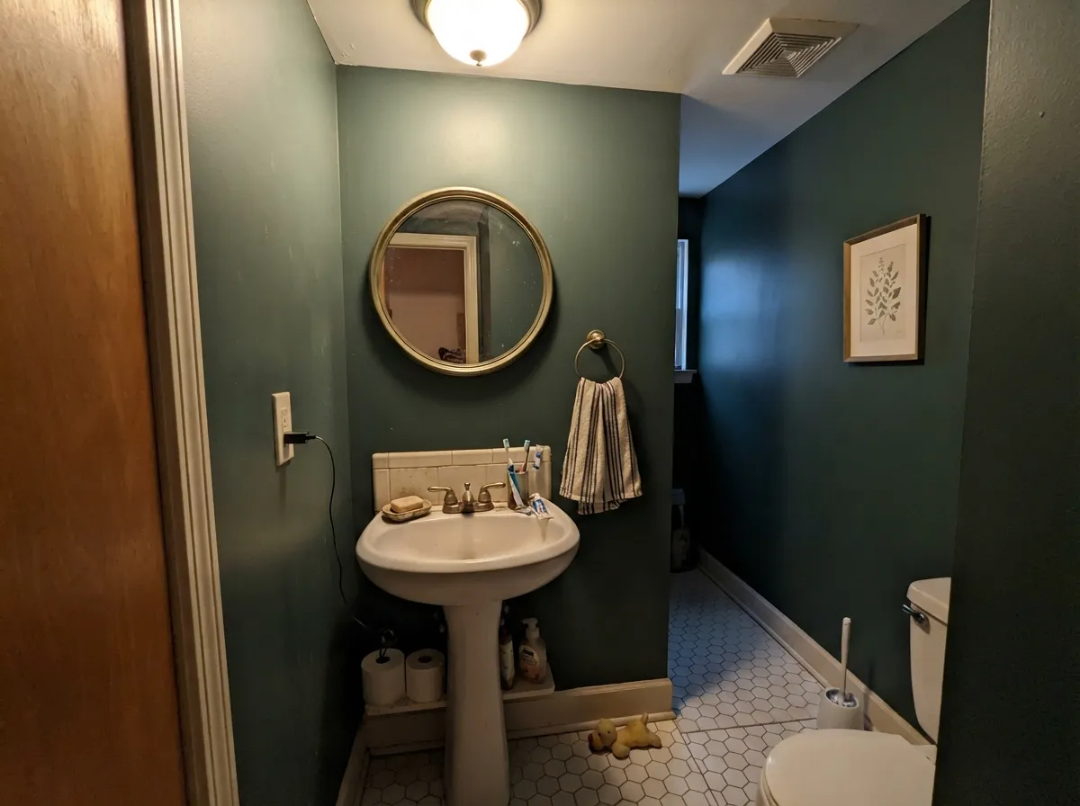 Wrapped around a small, well-lit powder room, the green reads grounded and jewel-toned, not gloomy.