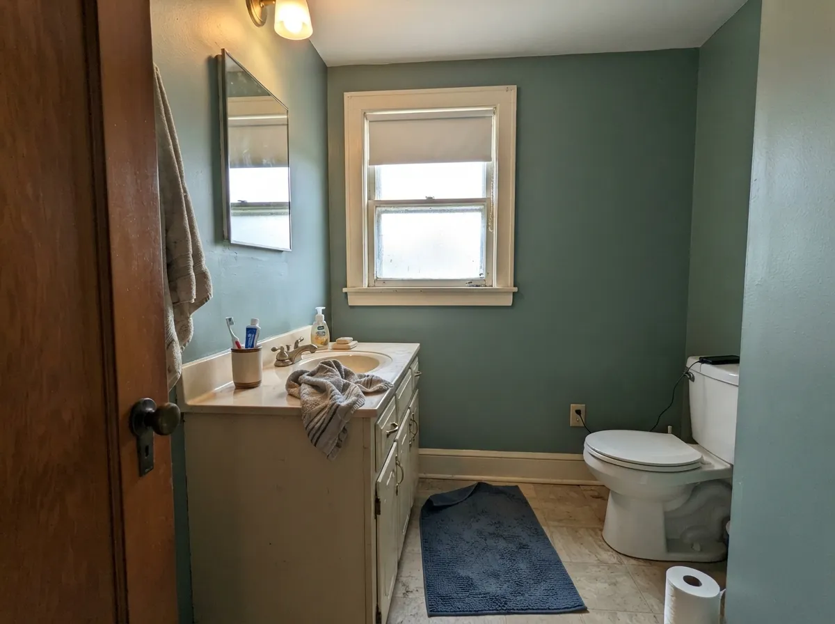 In a daylit bath it reads weathered sea-green, not spa blue — cream trim and a real window are what keep the gray from winning.