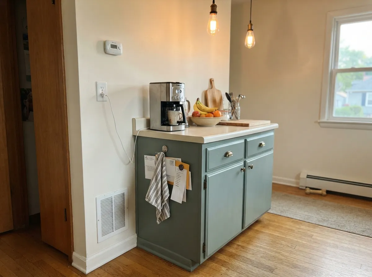 On cabinets at LRV 31 it reads as painted furniture — brass and warm bulbs keep the muted sea-green from going blue-slate.