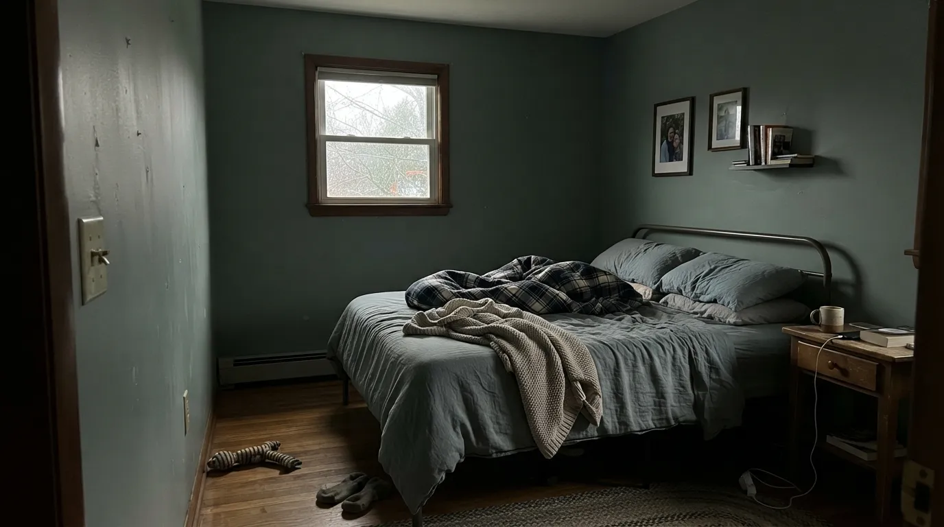 The honest shot: in a dim north room with no lamps, the green drains out and Rainy Afternoon goes charcoal-slate — the exact miss that makes people think they painted gray.
