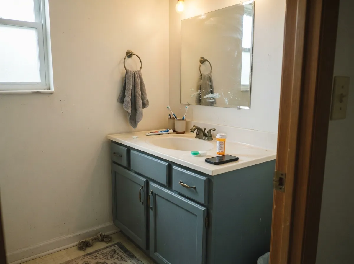 The Home Depot move: satin Rainy Season on a vanity under a warm white wall. Mid-dark enough to look custom, not navy-heavy.