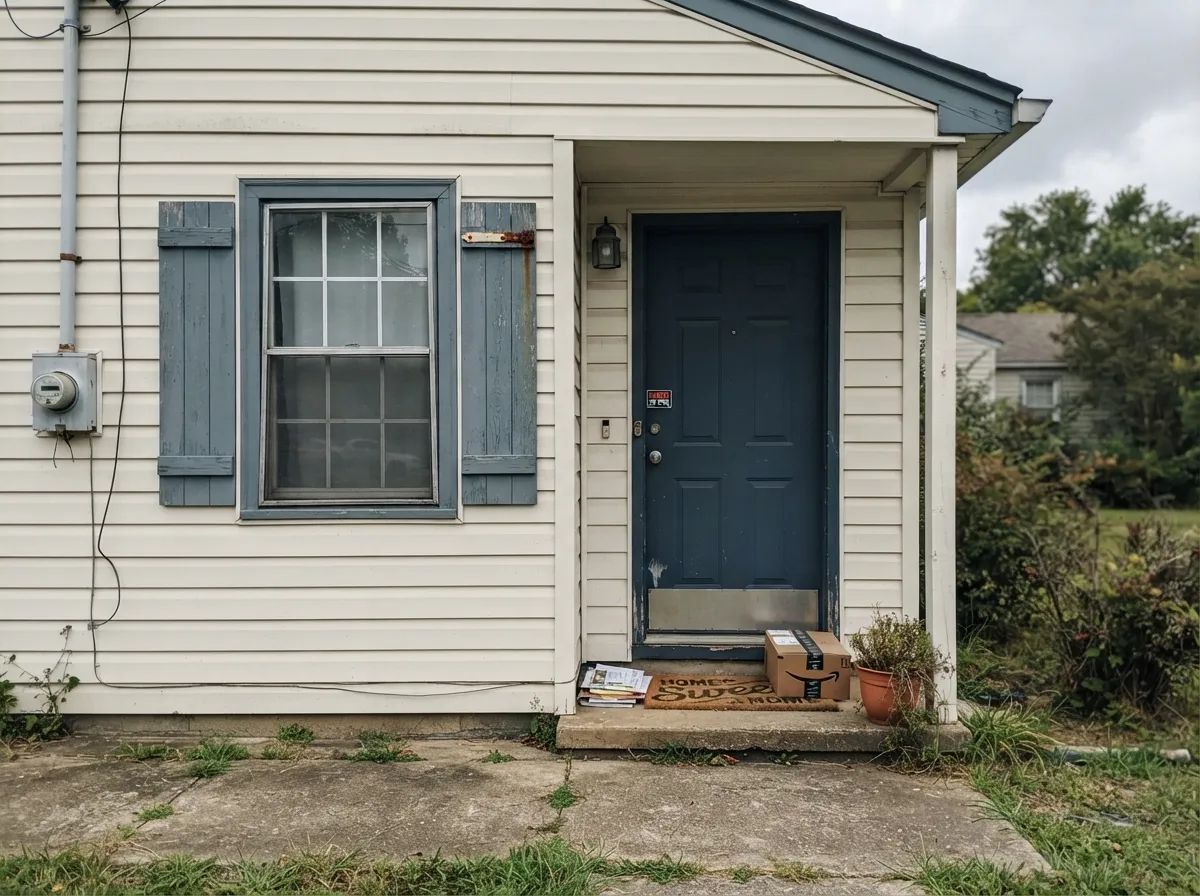 Behr already filed this color under shutters — Rainy Season slats on a White Dove body, navy on the door, overcast light keeping it slate instead of dirty.