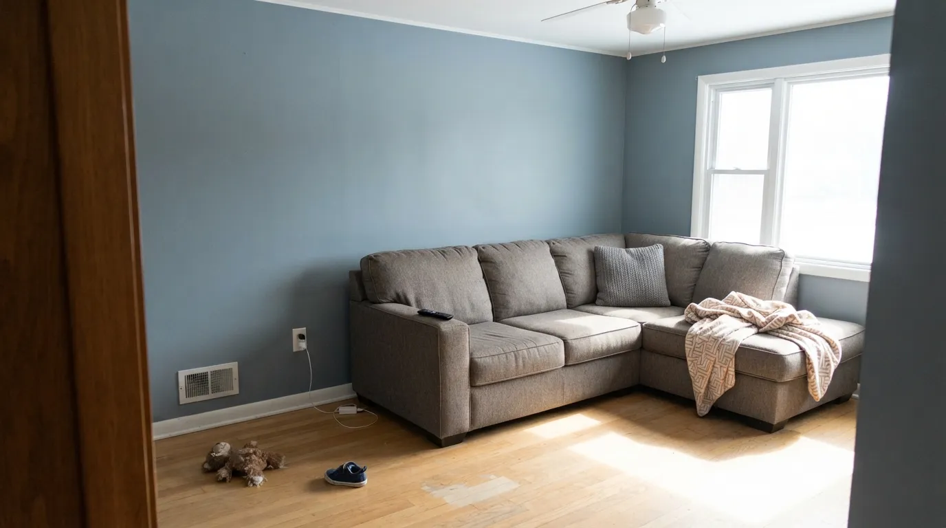 The honest shot: on four walls in real daylight Rainy Season is blue, not gray — the chip-vs-wall surprise.