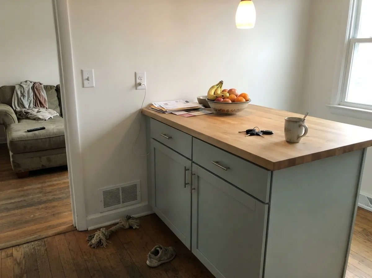 On an island against warm wood and brass hardware, Recycled Glass reads considered, not trendy.