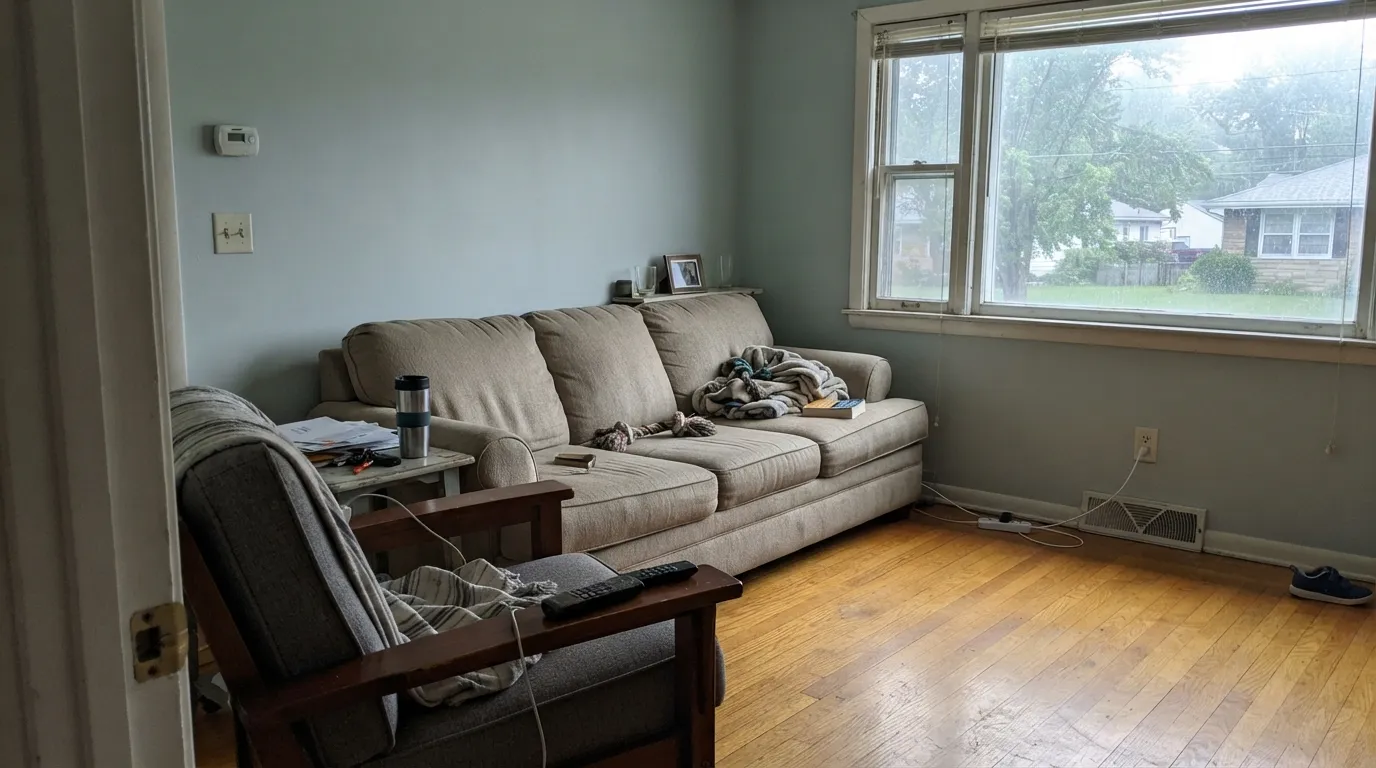 The honest shot: cool north light and honey-oak flooring together, exactly the combination behind the "it just looks gray" reviews.