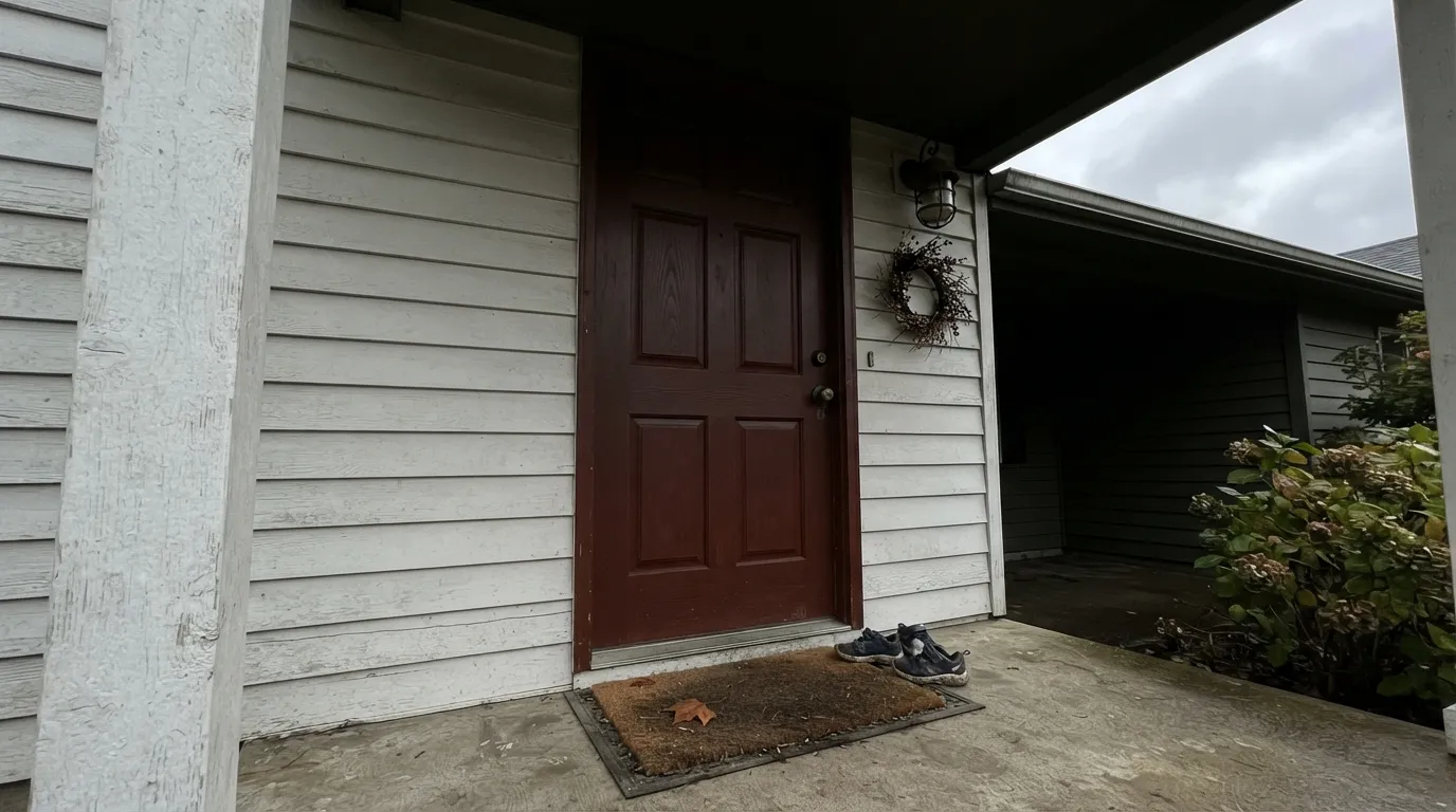 The honest shot: shaded, north-side and overcast, the red disappears and the brown base takes over — the exact situation behind "it looked brown, not red" complaints.