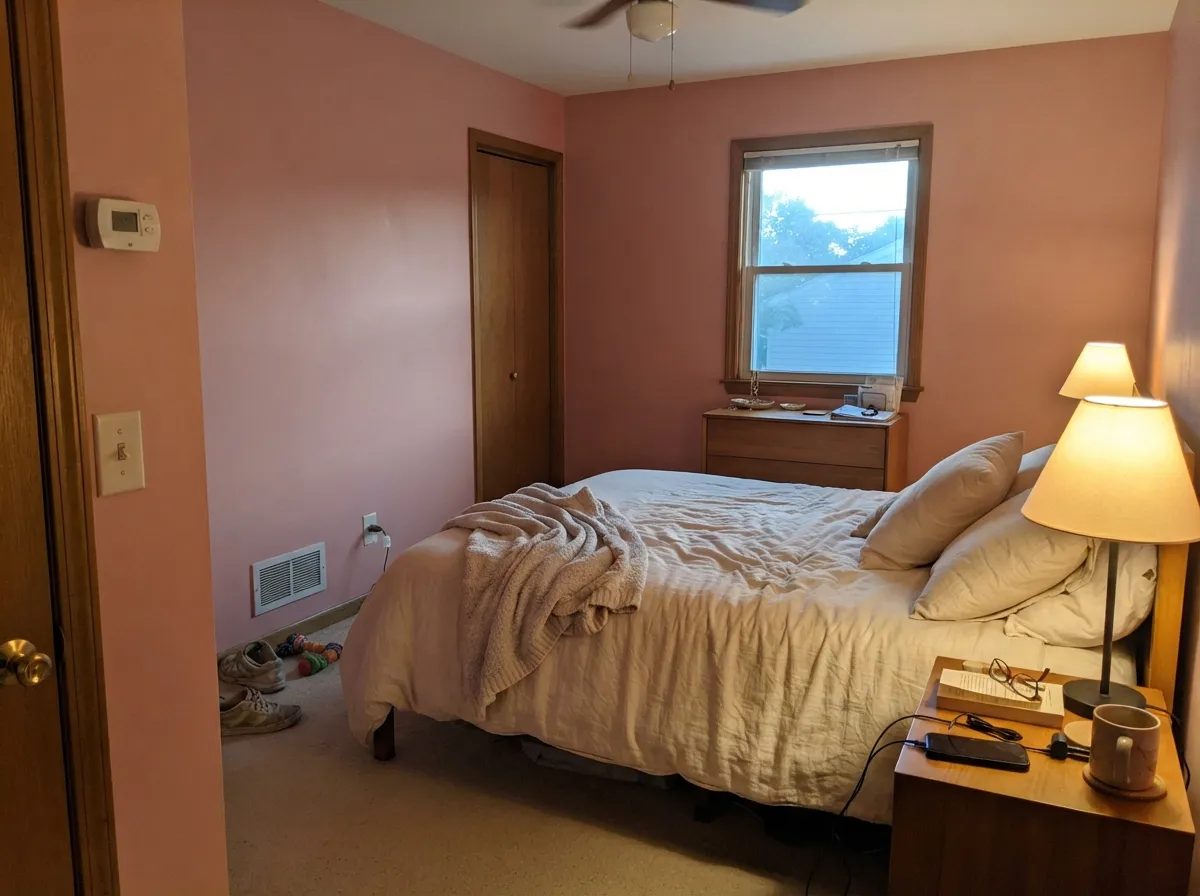 Under a warm lamp at night the clay undertone comes forward and the wall turns genuinely rosy, not muddy.