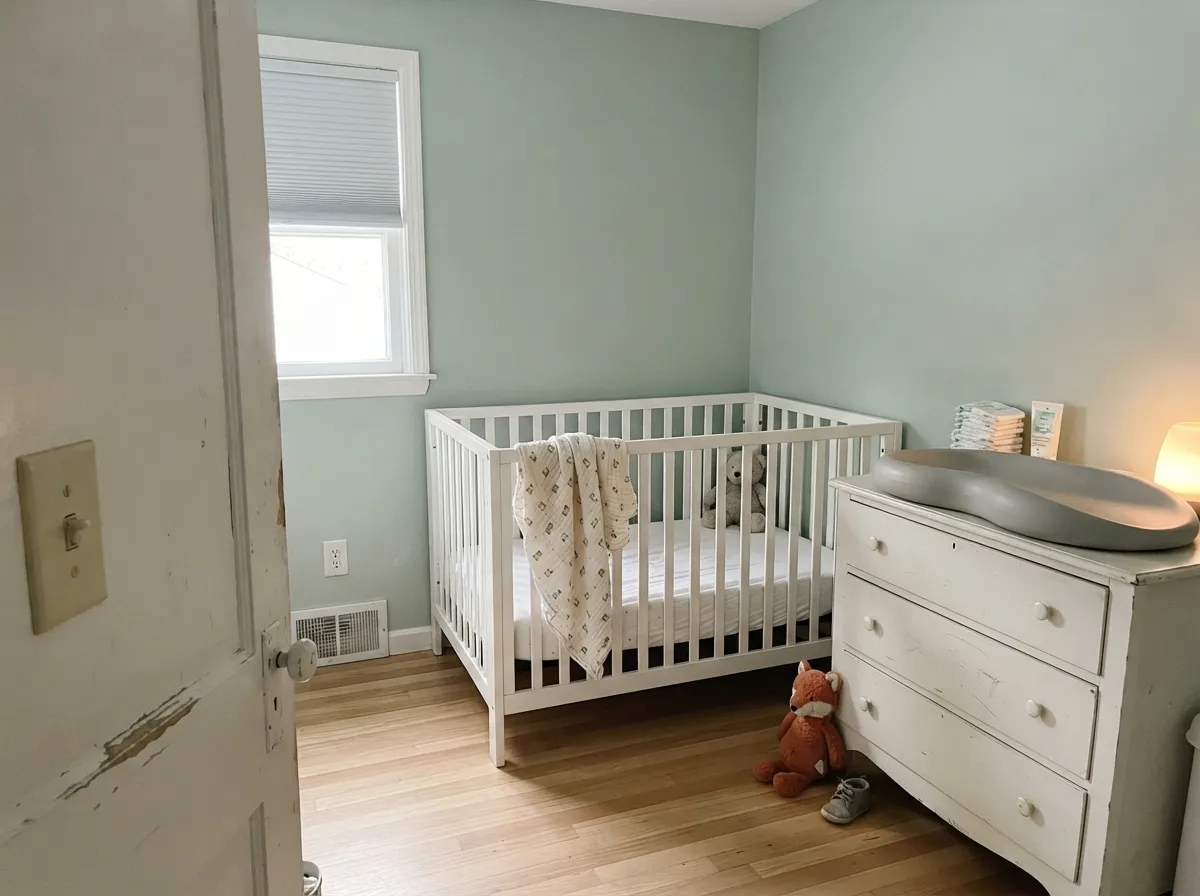 The known job: in a morning-lit nursery Riverdale stays light and gently green — color without a mint-baby theme.