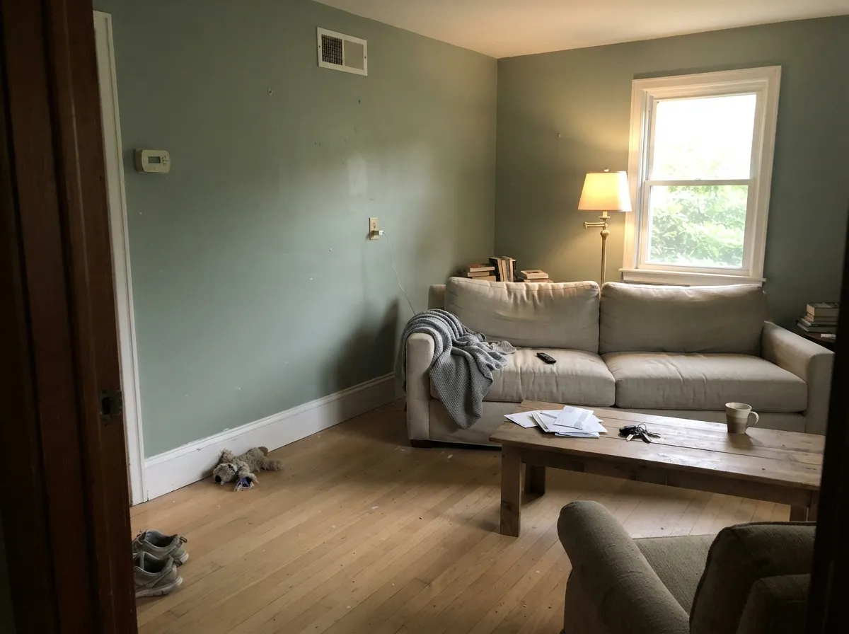 West light warms the mint-sage just enough — coastal living-room color that still behaves like a quiet green.