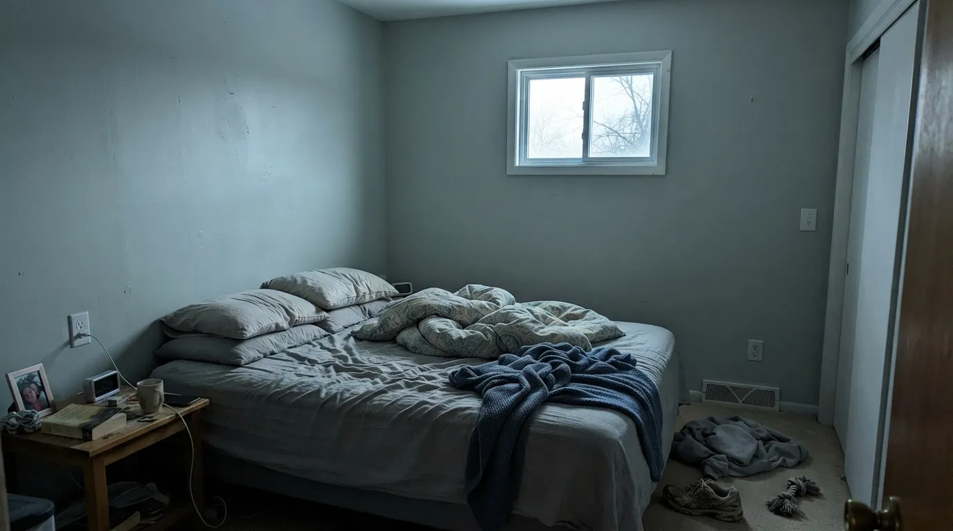 The honest shot: in a dim north room with no lamps, the green drains out and Riverdale goes cement gray-blue — the exact fail that makes people think they bought gray.