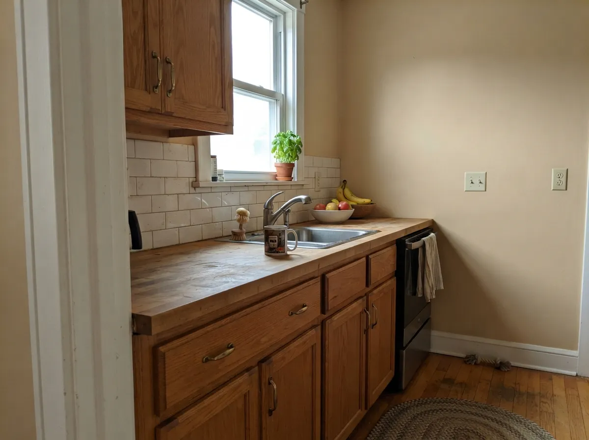 With butcher block, oak, and brass it looks pulled-together without trying — this is where the warmth pays off.