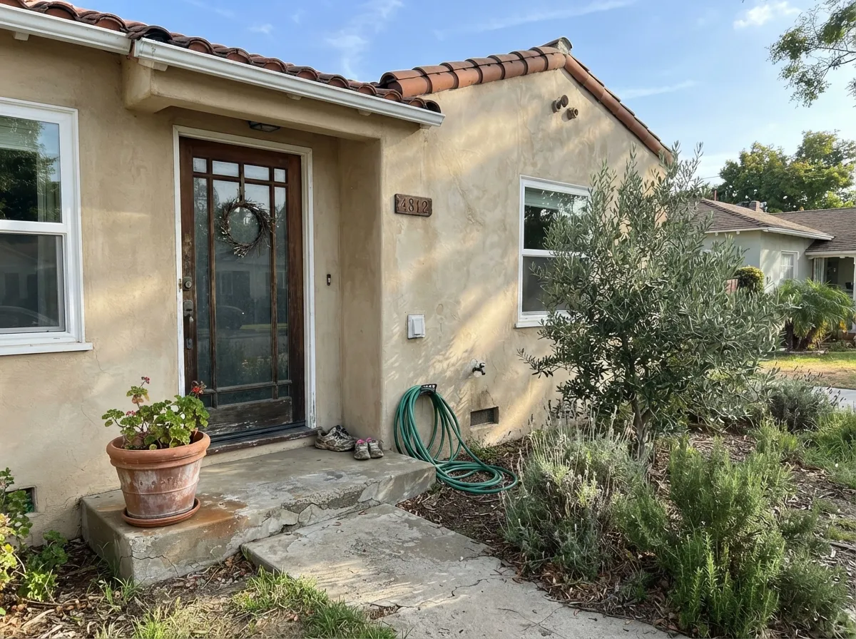 Its actual namesake job: real exterior stucco in full sun, with a dark door and white trim to keep it from reading like plain builder-beige.