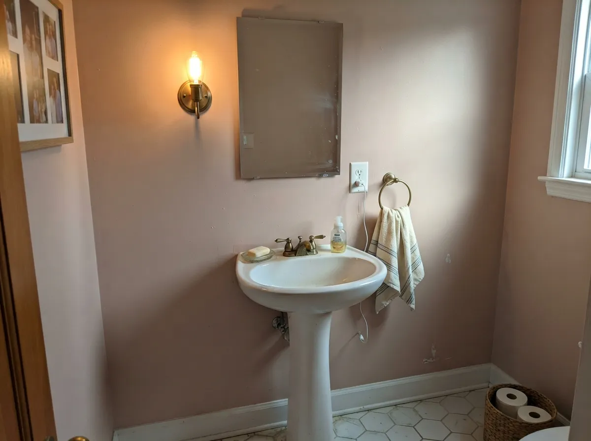 Under a warm sconce the blush comes forward — Rosewater's best trick, in its best room.