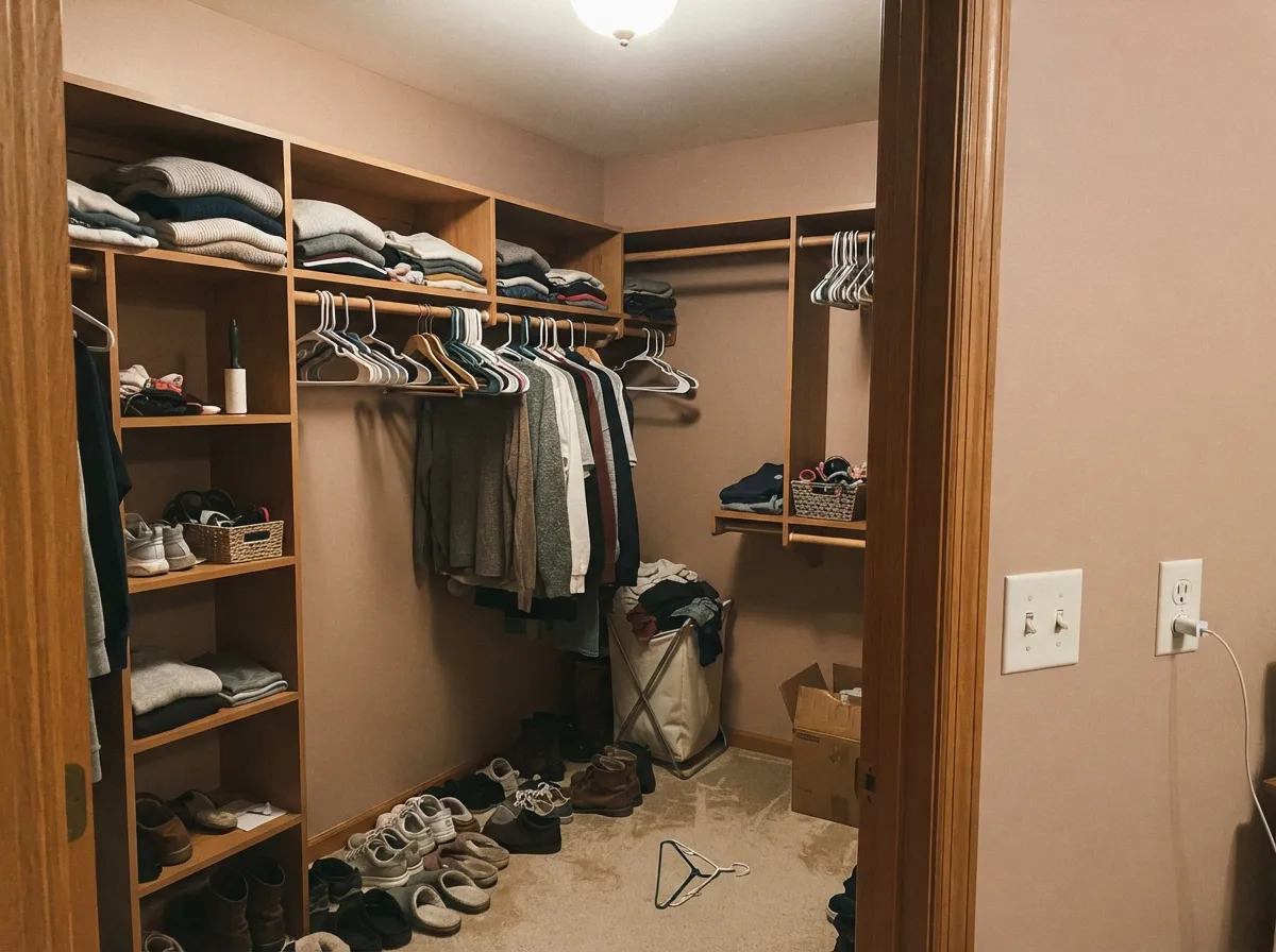 In a small, warmly lit closet the color stays soft and a little expensive-looking, without taking over a whole house.