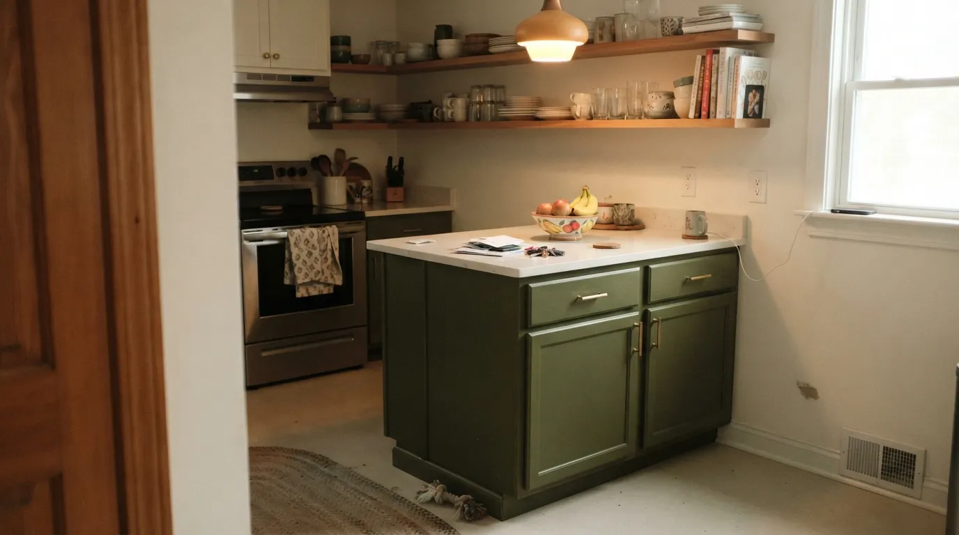 Royal Orchard on a kitchen island under real daylight — with a warm white wall behind it, the green reads deep and deliberate, not dark for the sake of it.