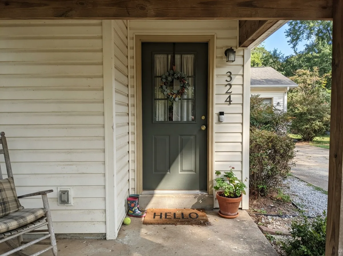 Partial sun on the front door — the exact light this color was made to sell paint in.