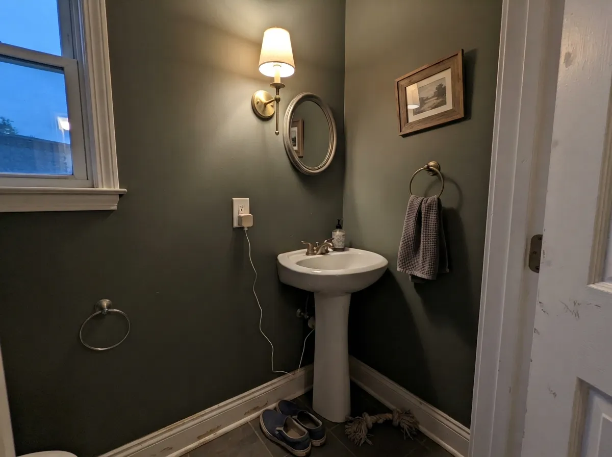 A small, lamp-lit powder room — the easiest place to commit to a color this dark.