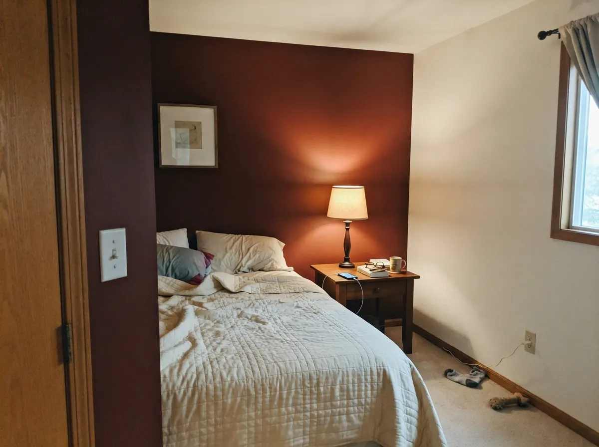 One accent wall, warm bulbs, cream bedding — the small-commitment version most owners actually live with.