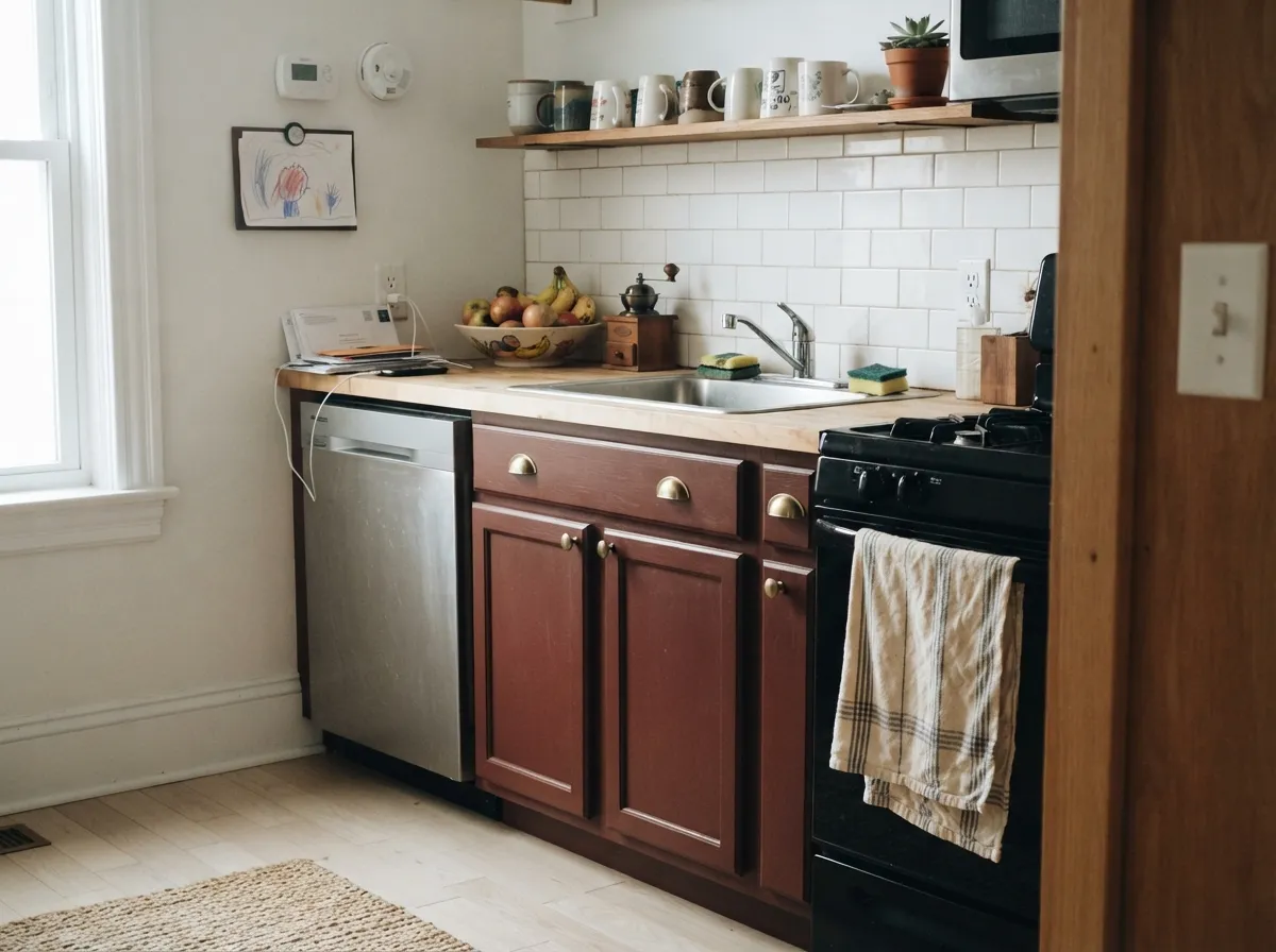 On cabinets over white oak and brass, Rumors works as the alternative to navy Behr markets it as.