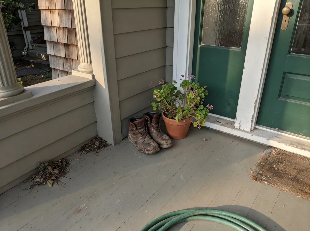 The same can does the porch floor and the trim — this color's real job is hardscape, not a feature wall.