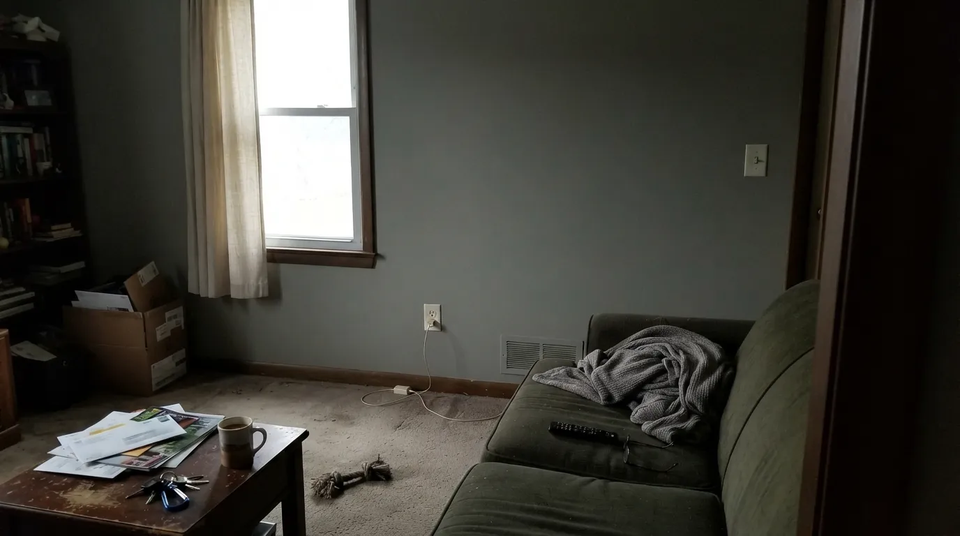 The honest shot: in a dim north room with no warm light, the green comes forward and Rustic Taupe reads flat and drab — not the earthy warmth the name suggests.