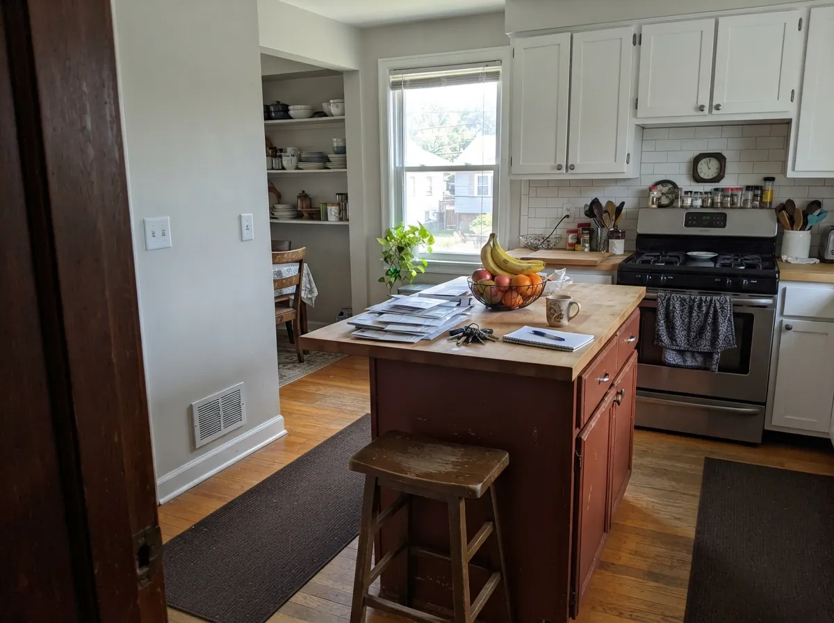 Its best interior job: an island under white cabinets, enough color to anchor the kitchen without taking over the room.