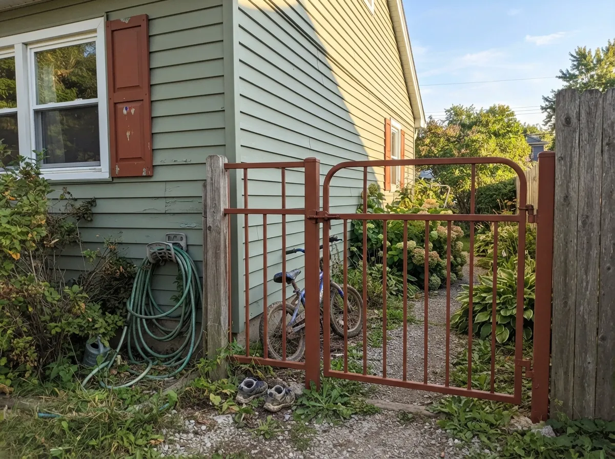 Against sage siding the rust reads as a deliberate accent instead of an accident — this is where the name earns itself.