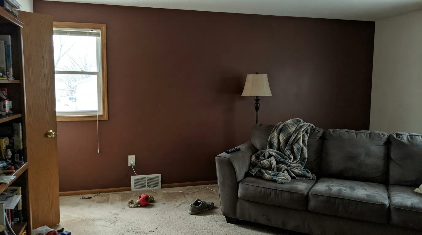 The honest shot: off direct sun, a full wall of Rusty Gate reads dark and heavy rather than warm — closer to near-black than the paint chip suggests.