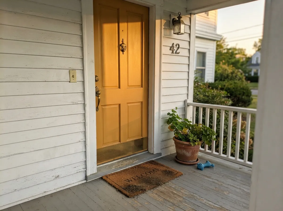 On a white house, one saturated door reads confident, not jarring — especially with brass hardware.