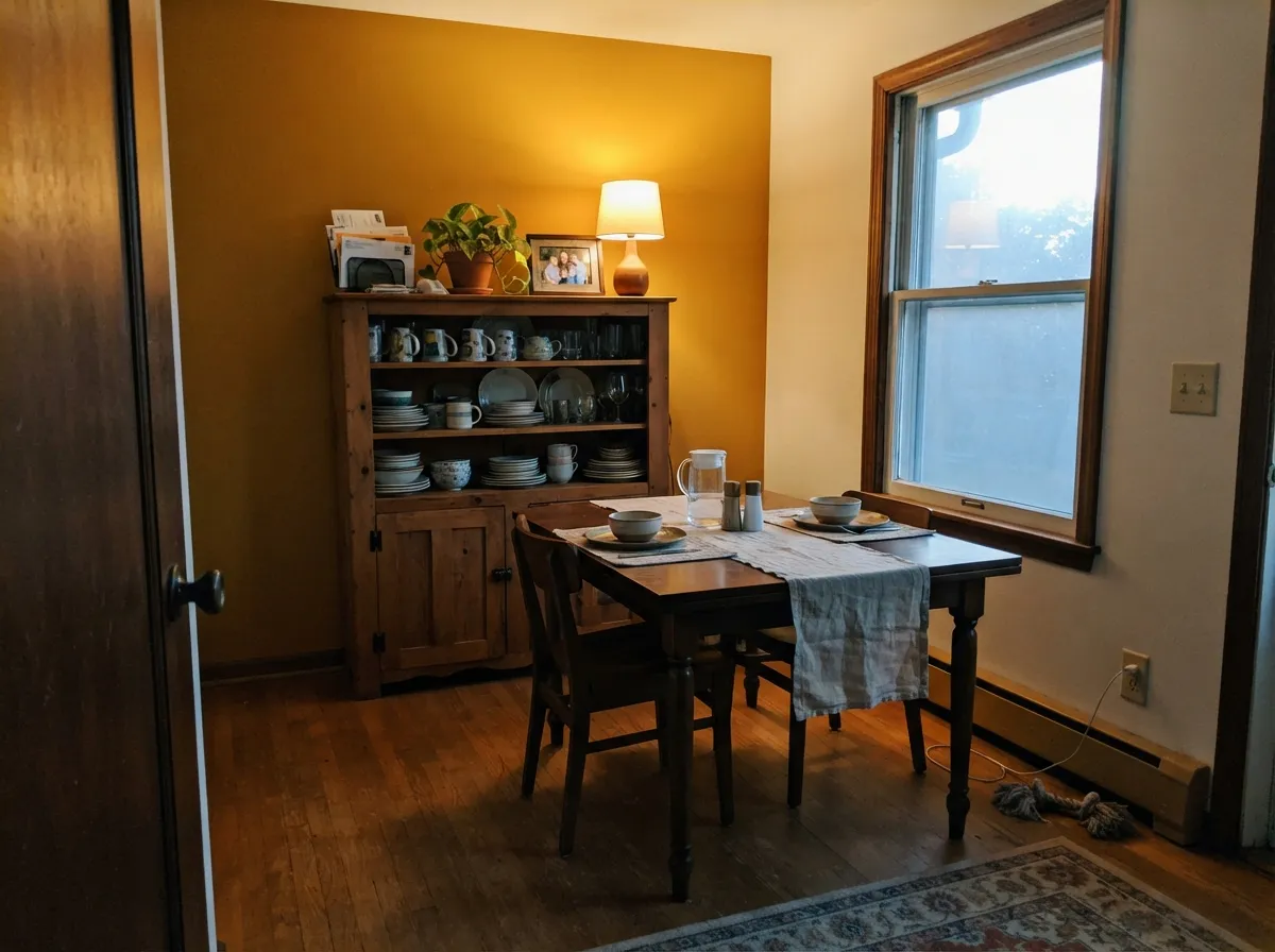As a single accent wall behind a hutch, the gold turns rich and spice-warm under evening lamplight.