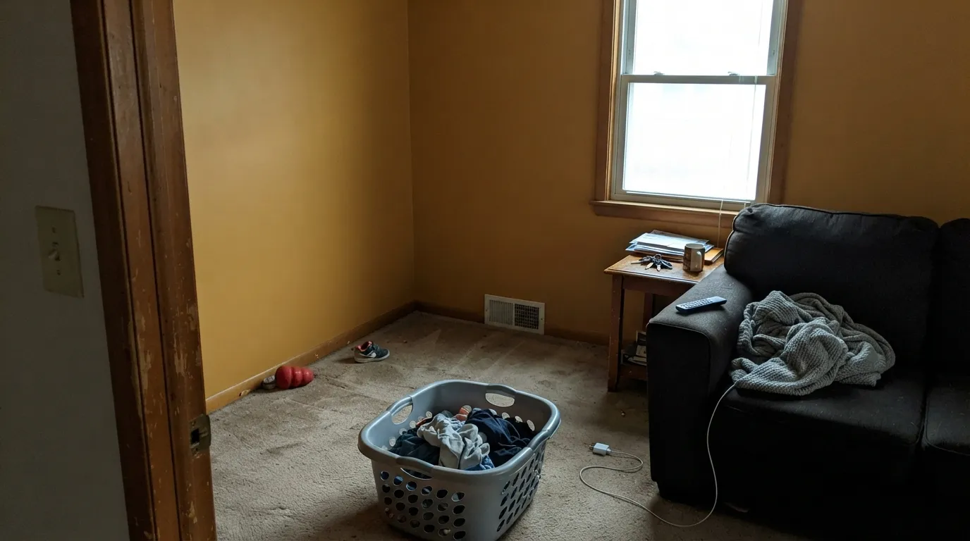 The honest shot: four walls in a dim north room drain the gold and leave a flat mustard-brown — the exact mismatch behind most of its regret stories.